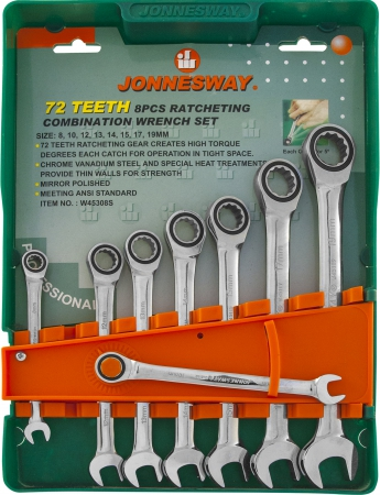 Купить запчасть JONNESWAY - W45308S Набор ключей комбинированных трещоточных 8-19 мм, 8 предметов