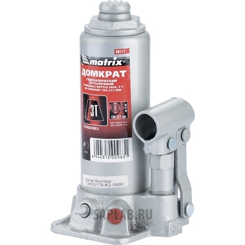 Купить MATRIX 50717 Домкрат гидравлический бутылочный, 3 т, h подъема 194–372 мм// MATRIX MASTER